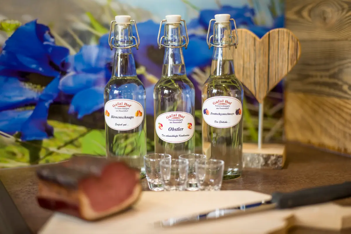 Home-distilled schnapps as a welcome in the Astbergblick apartment — Gafalhof farm, Going