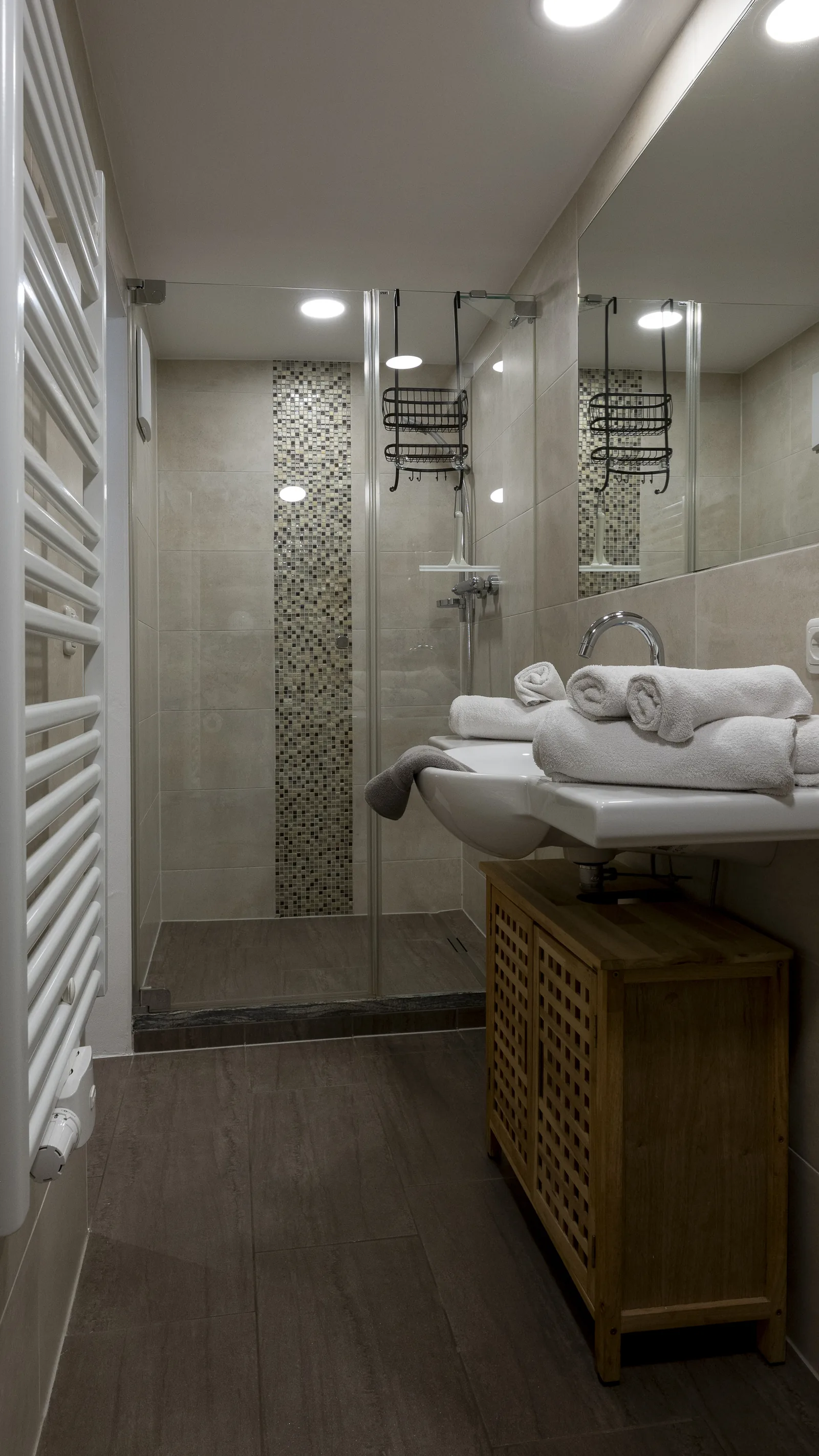 Bathroom in the Alpenblick apartment with shower and heated towel rail