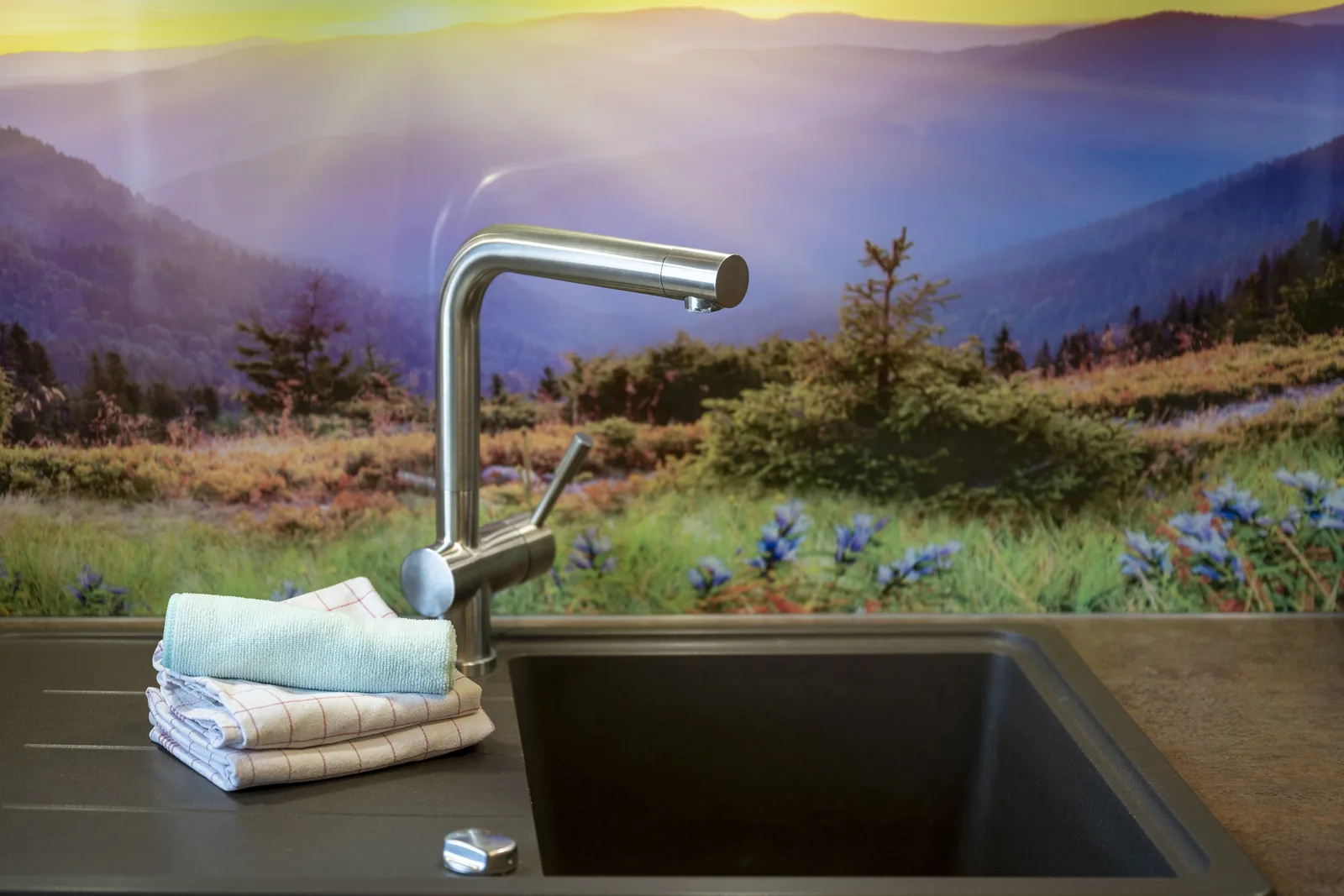 Kitchen sink with a mountain-motif splashback in the Alpenblick apartment