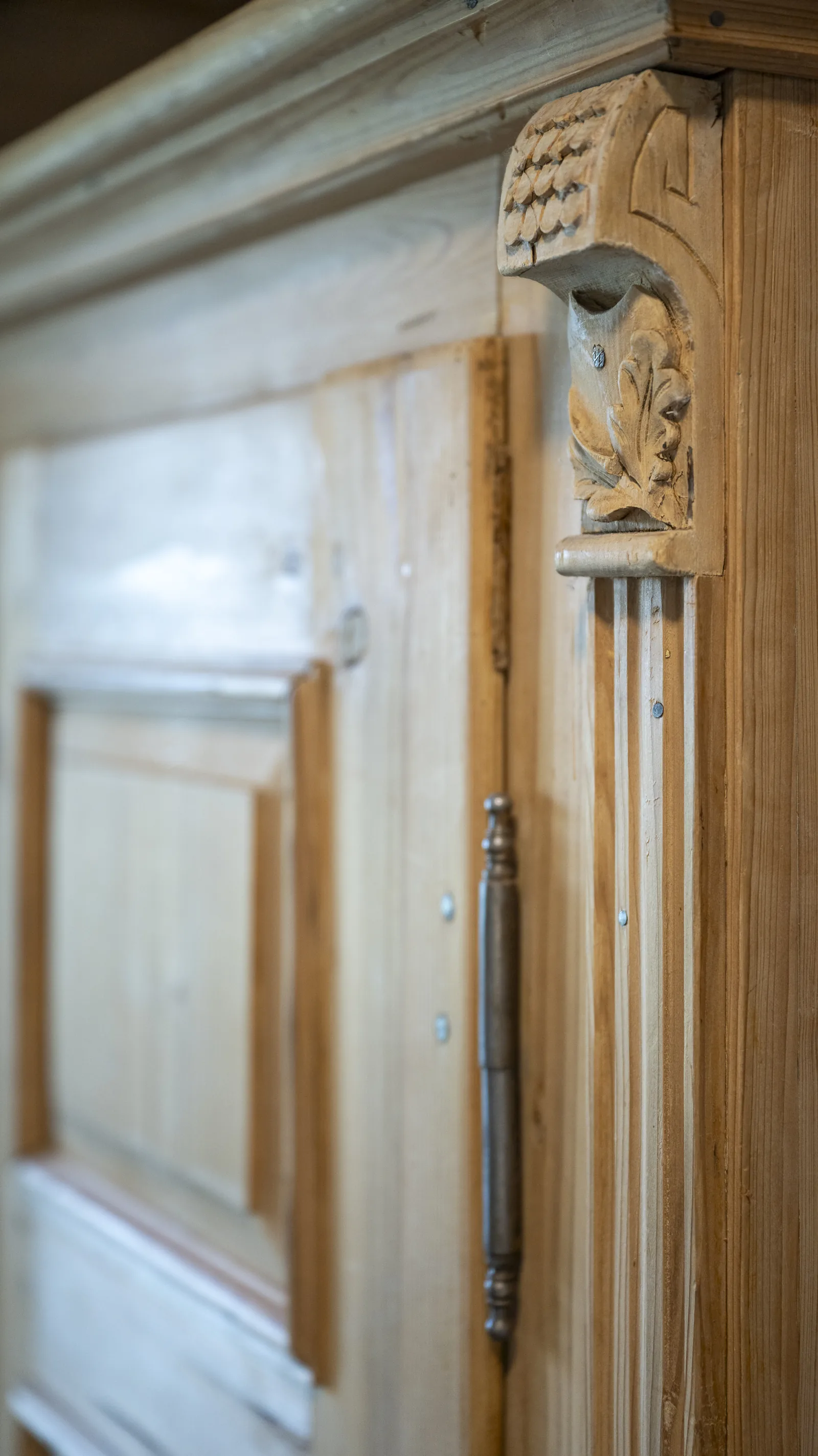 Detail of the hand-carved wooden door in the Kaiserblick apartment